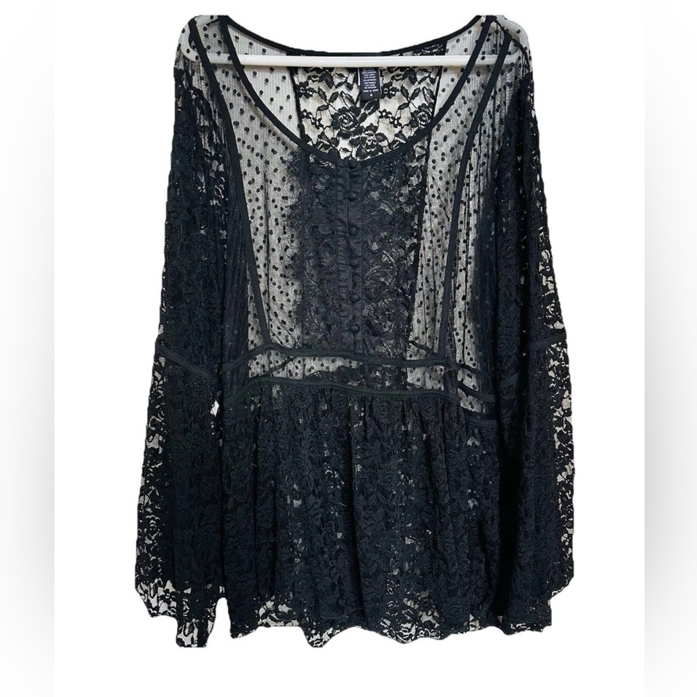 Torrid Sheer Black Lace Polka Dot Peplum Blouse-Sz 4-Whimsigoth Fairy Goth Boho